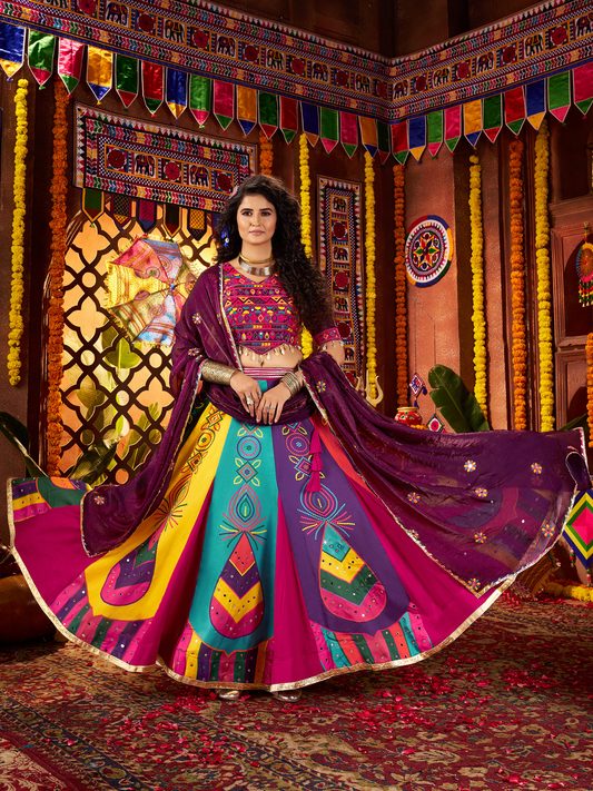 Odette Multicolor Silk Blend Printed Semi-Stitched Lehenga For Women