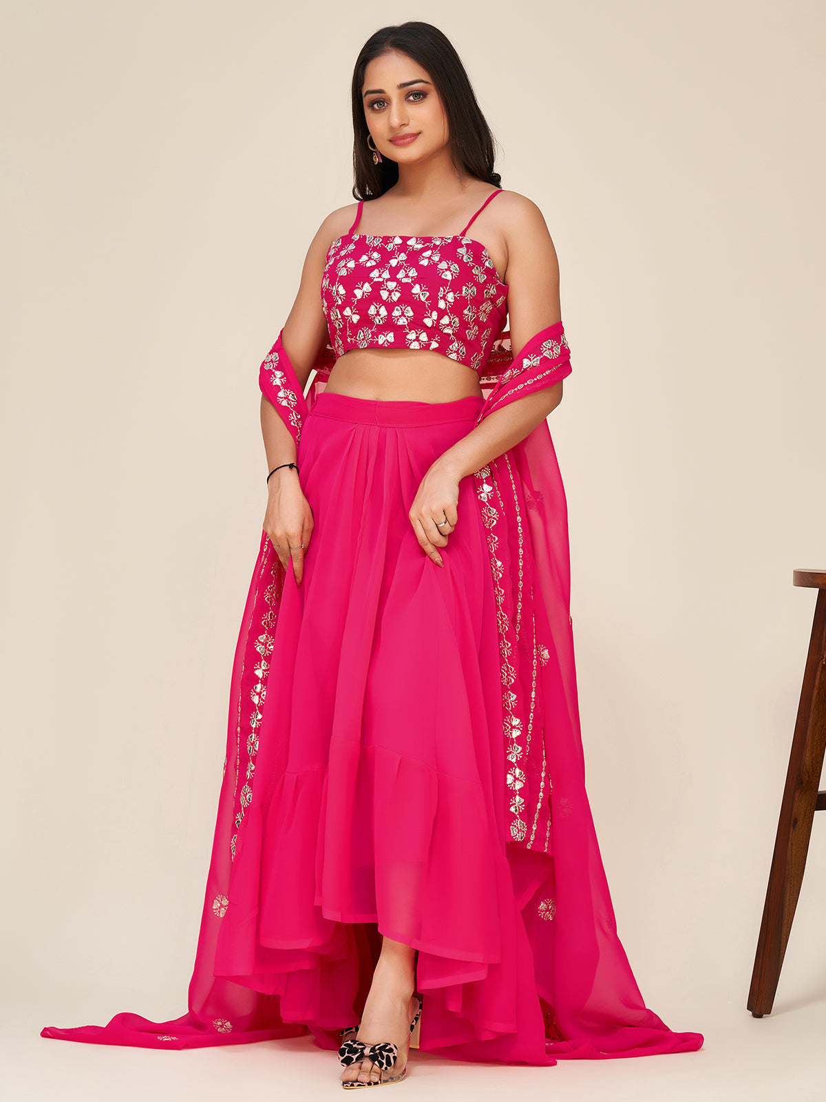 Odette Women Designer Pink Georgette Semi Stitched Lehenga With Unstitched Blouse