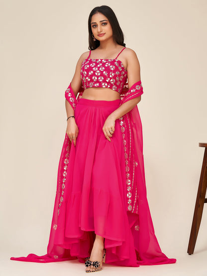 Odette Women Designer Pink Georgette Semi Stitched Lehenga With Unstitched Blouse
