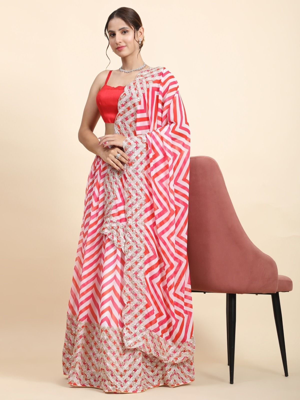 Odette Red Georgette Embellished Semi-Stitched Lehenga For Women