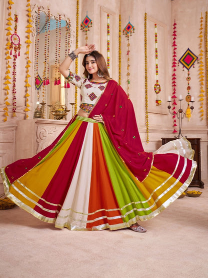 Odette Multicolor Cotton Blend Solid With Golden Border Semi-Stitched Lehenga For Women