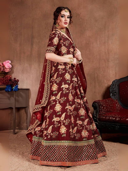Odette Maroon Silk Blend Embroidered Semi-Stitched lehenga For Women