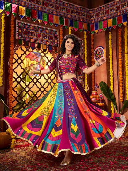 Odette Multicolor Silk Blend Printed Semi-Stitched Lehenga For Women