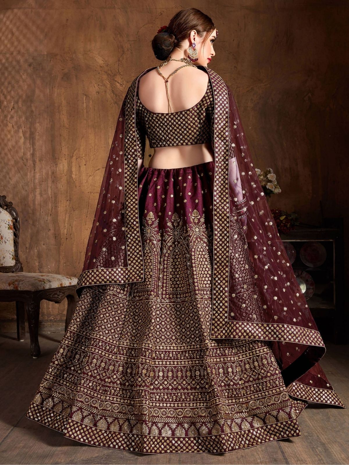 Odette Maroon Silk Blend Embroidered Semi-Stitched lehenga For Women