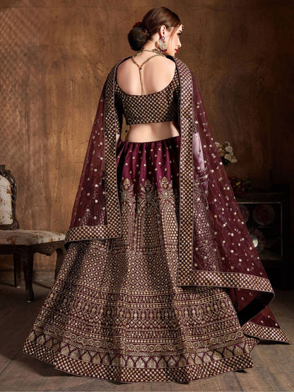 Odette Maroon Silk Blend Embroidered Semi-Stitched lehenga For Women