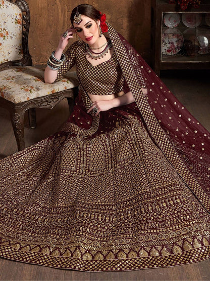 Odette Maroon Silk Blend Embroidered Semi-Stitched lehenga For Women