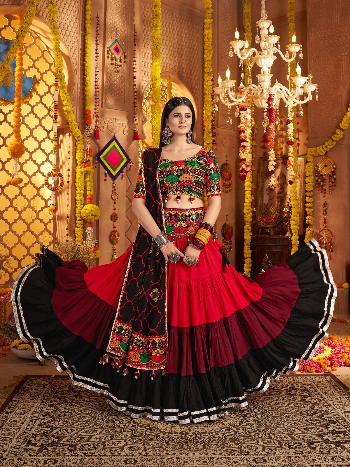 Odette Multicolor Viscose Cotton Embroidered Semi-Stitched lehenga With Stunning Tassels And Embroidered Waist Belt For Women