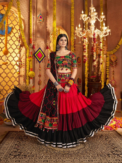Odette Multicolor Viscose Cotton Embroidered Semi-Stitched lehenga With Stunning Tassels And Embroidered Waist Belt For Women