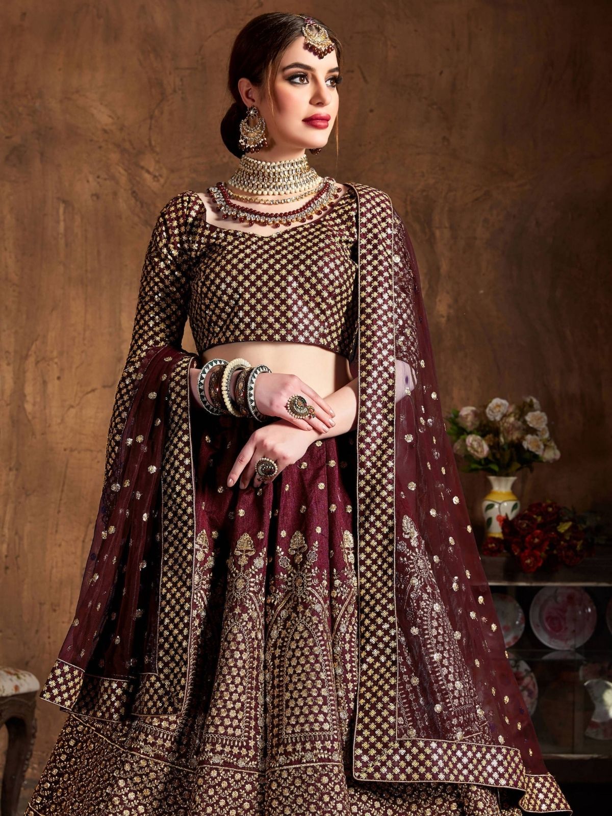 Odette Maroon Silk Blend Embroidered Semi-Stitched lehenga For Women