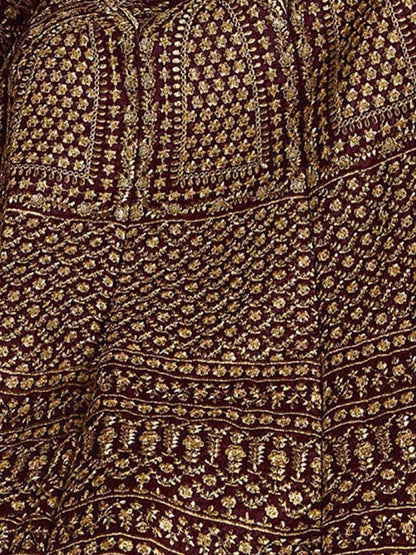 Odette Maroon Silk Blend Embroidered Semi-Stitched lehenga For Women