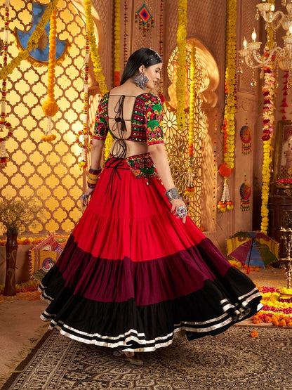 Odette Multicolor Viscose Cotton Embroidered Semi-Stitched lehenga With Stunning Tassels And Embroidered Waist Belt For Women