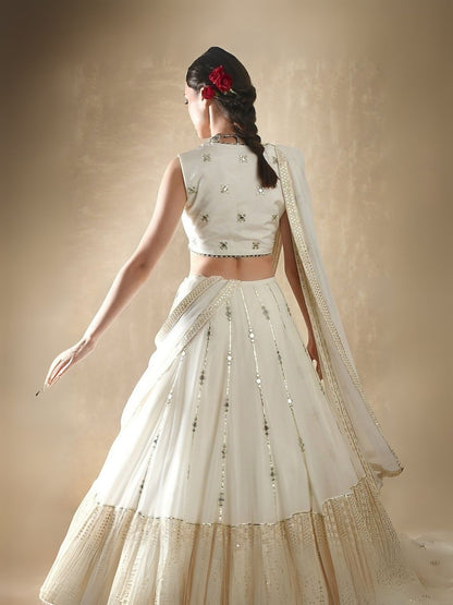 Odette White Georgette Embellished Semi-Stitched Lehenga For Women