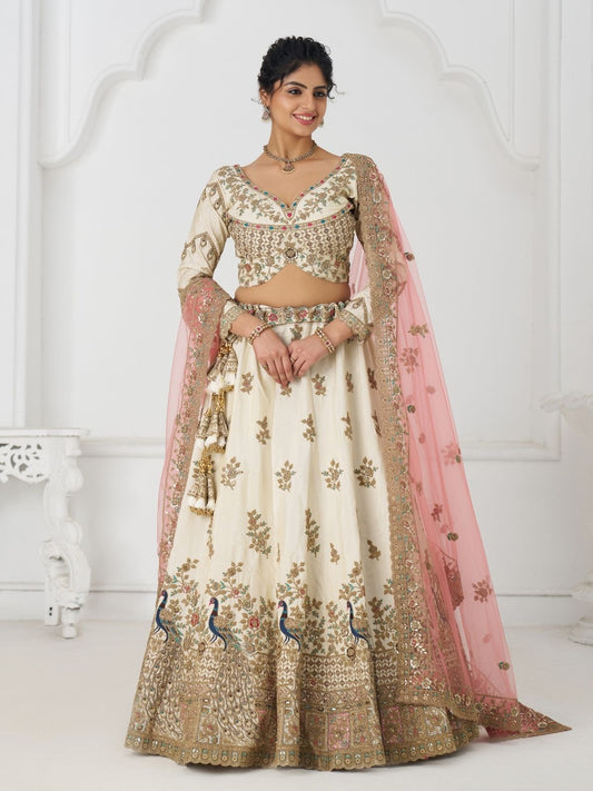 Odette Off White Silk Blend Embroidered Semi-Stitched Lehenga For Women