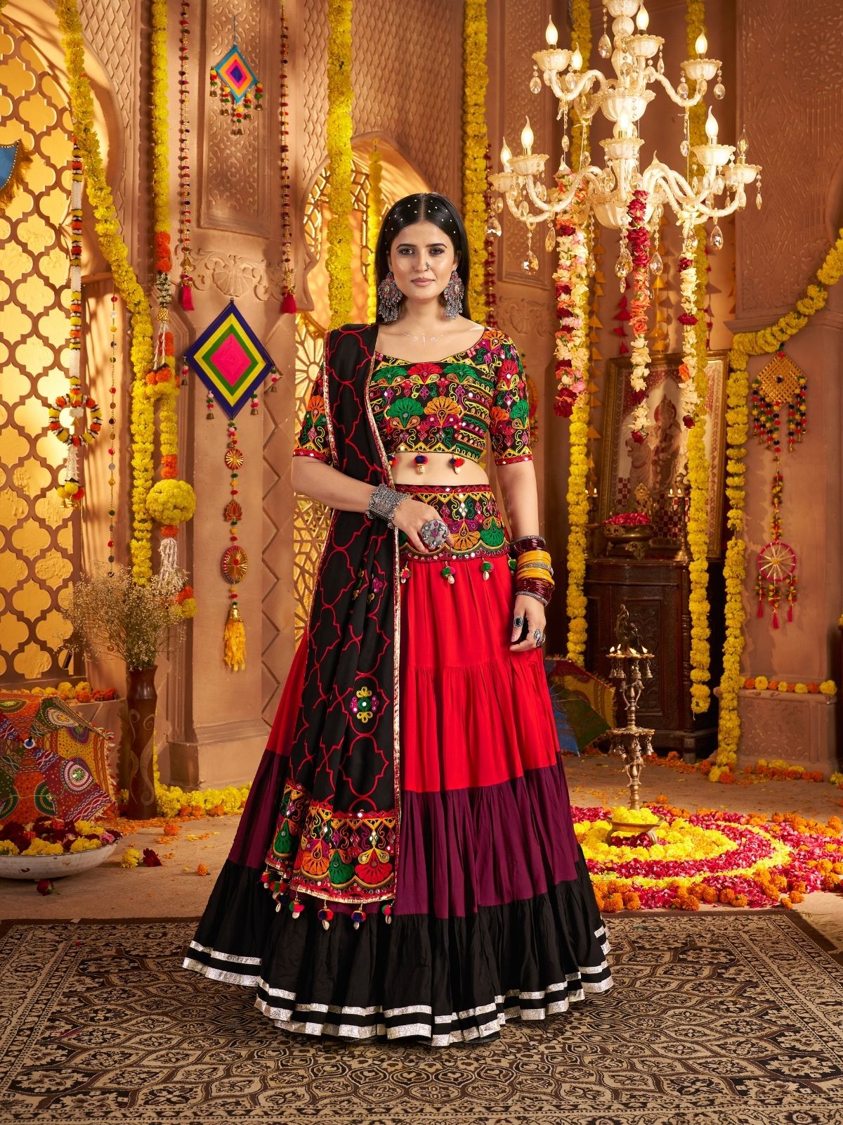 Odette Multicolor Viscose Cotton Embroidered Semi-Stitched lehenga With Stunning Tassels And Embroidered Waist Belt For Women