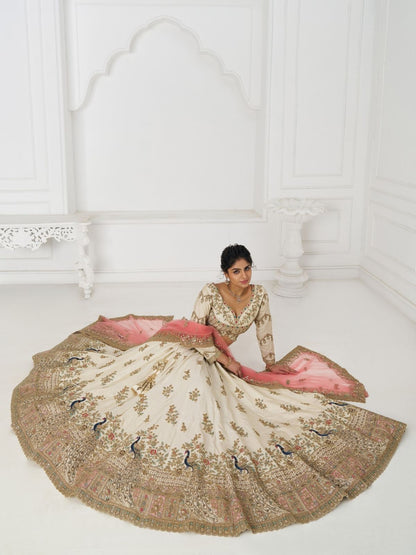 Odette Off White Silk Blend Embroidered Semi-Stitched Lehenga For Women