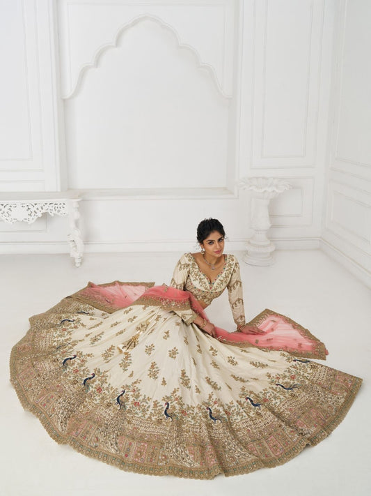 Odette Off White Silk Blend Embroidered Semi-Stitched Lehenga For Women