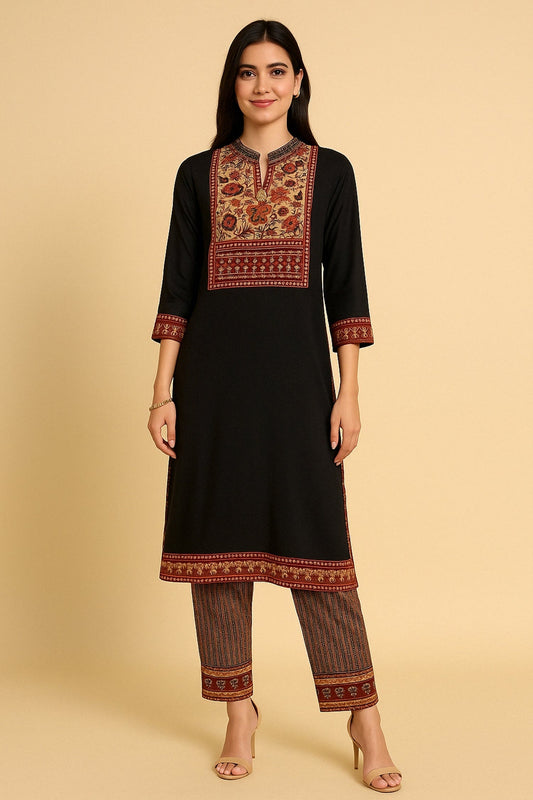 Black Georgette Straight Cut Kurti Set