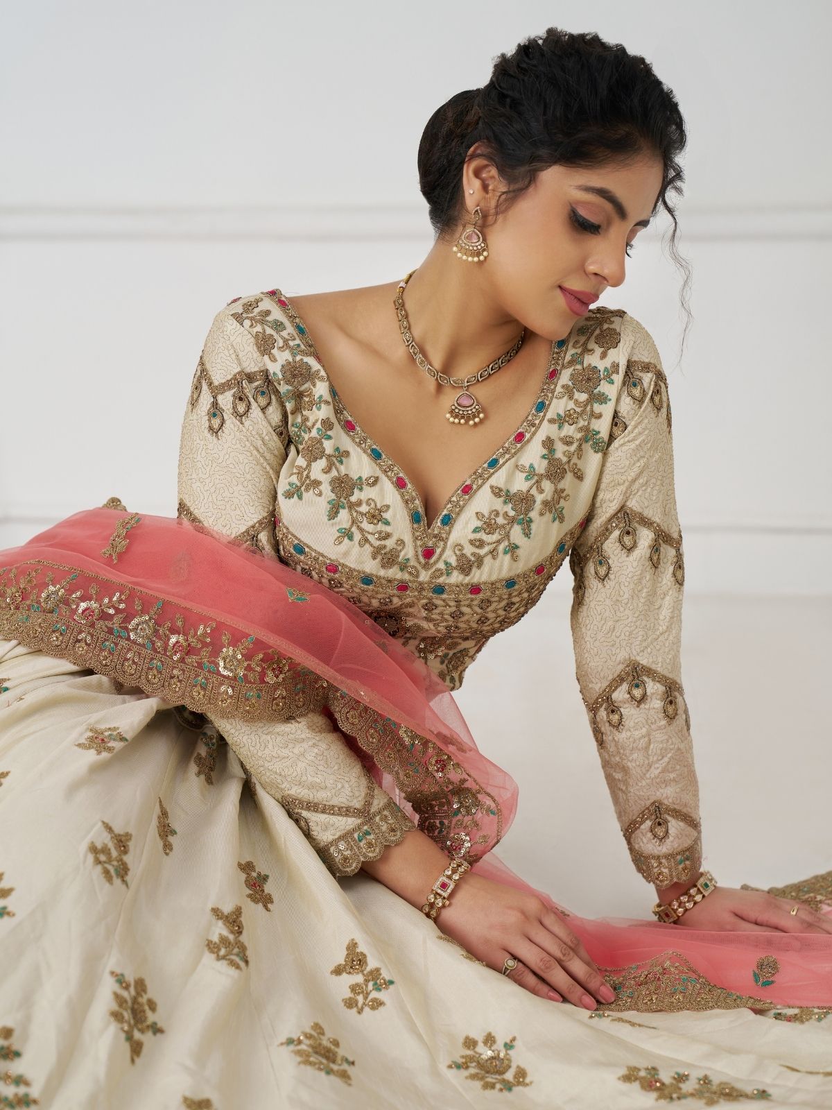 Odette Off White Silk Blend Embroidered Semi-Stitched Lehenga For Women