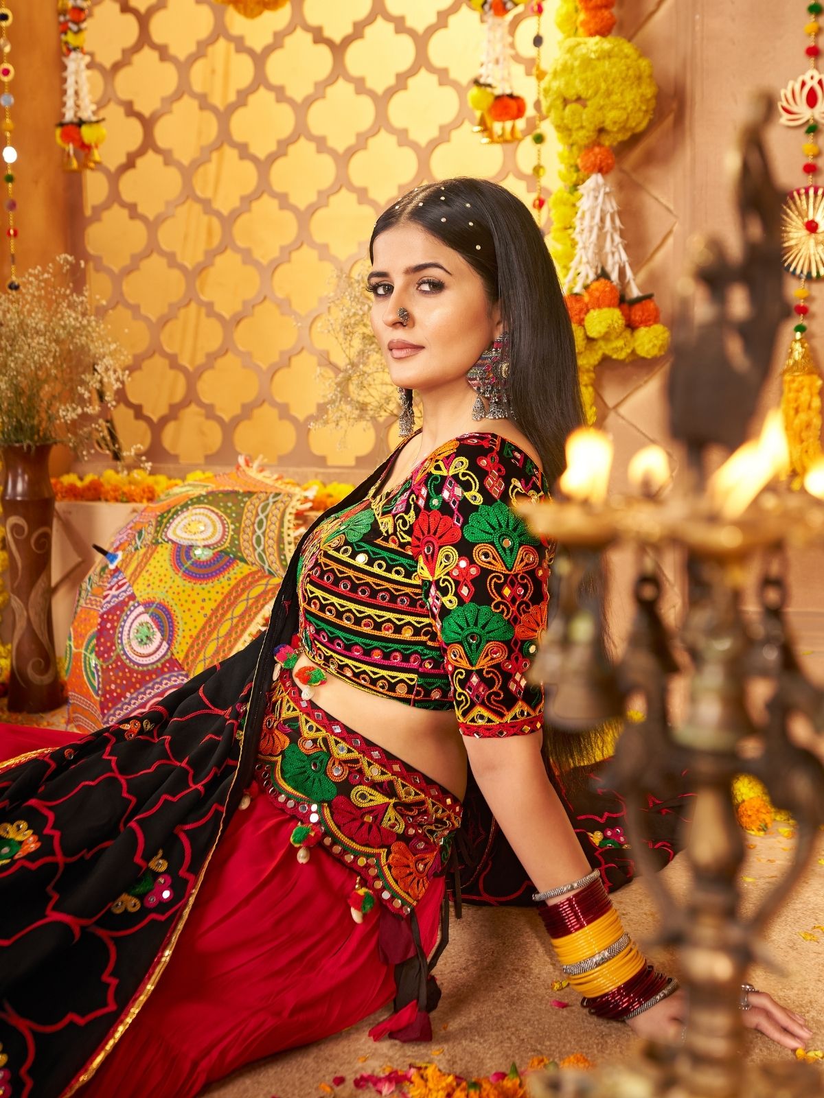 Odette Multicolor Viscose Cotton Embroidered Semi-Stitched lehenga With Stunning Tassels And Embroidered Waist Belt For Women