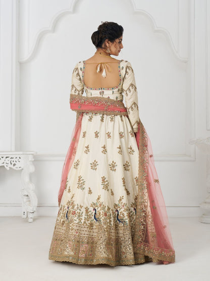 Odette Off White Silk Blend Embroidered Semi-Stitched Lehenga For Women