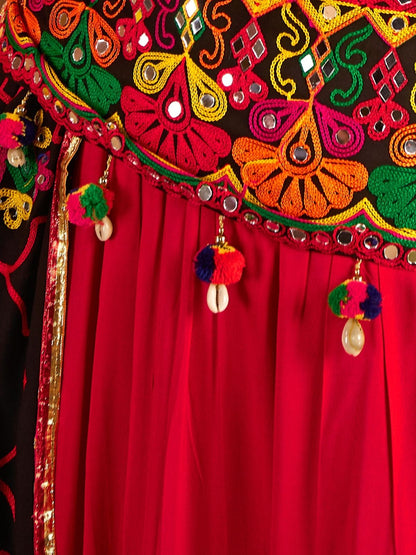 Odette Multicolor Viscose Cotton Embroidered Semi-Stitched lehenga With Stunning Tassels And Embroidered Waist Belt For Women