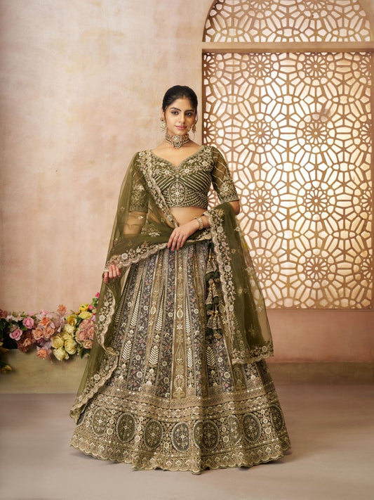 Odette Olive Soft Net Embroidered Semi-Stitched Lehenga For Women