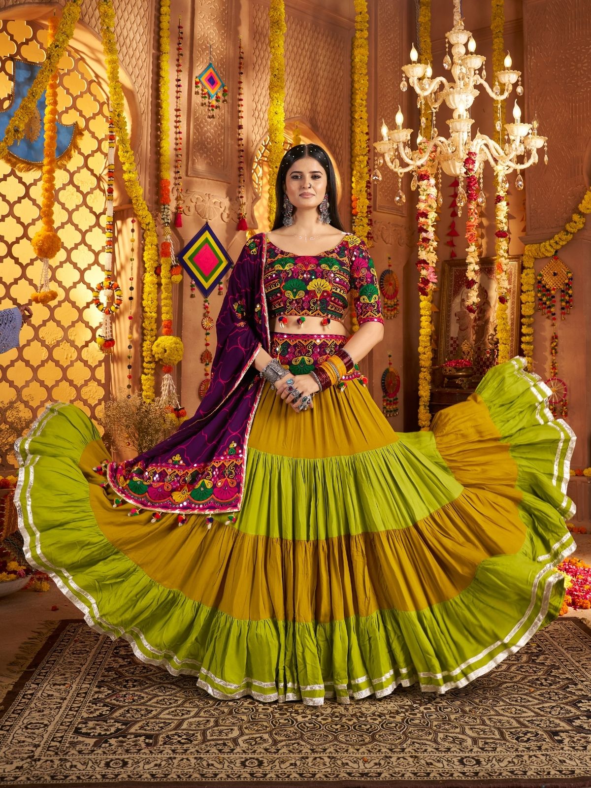 Odette Multicolor Viscose Cotton Embroidered Semi-Stitched lehenga With Stunning Tassels And Embroidered Waist Belt For Women