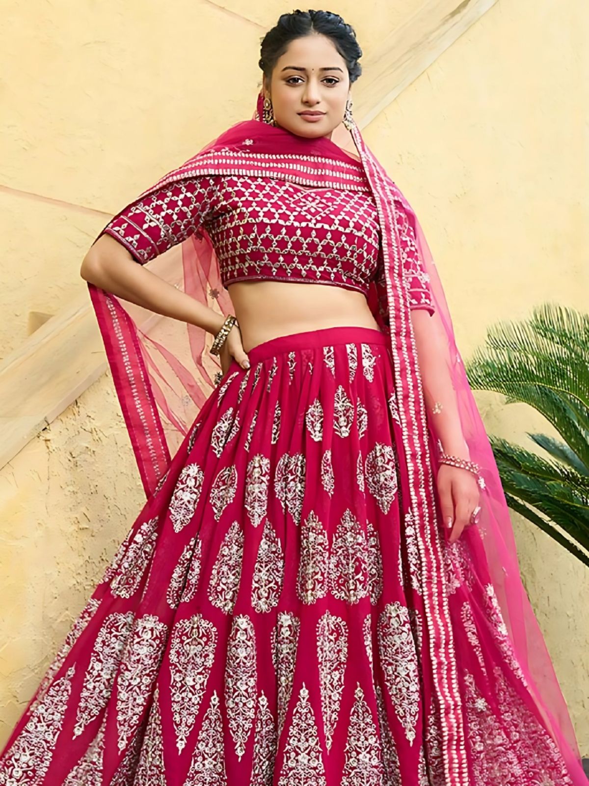 Odette Cherry Red Georgette Embroidered Semi-Stitched Lehenga For Women