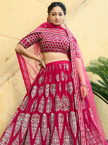 Odette Cherry Red Georgette Embroidered Semi-Stitched Lehenga For Women