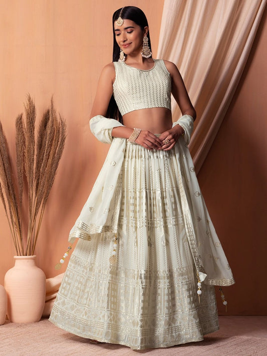 Odette White Georgette Embellished Semi-Stitched Lehenga For Women