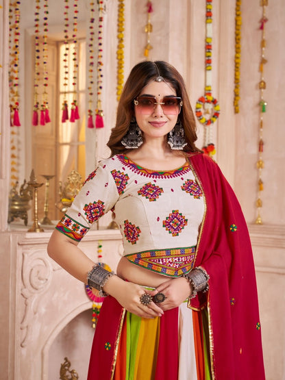Odette Multicolor Cotton Blend Solid With Golden Border Semi-Stitched Lehenga For Women