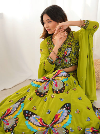 Odette Green Georgette Embroidered Semi-Stitched lehenga For Women