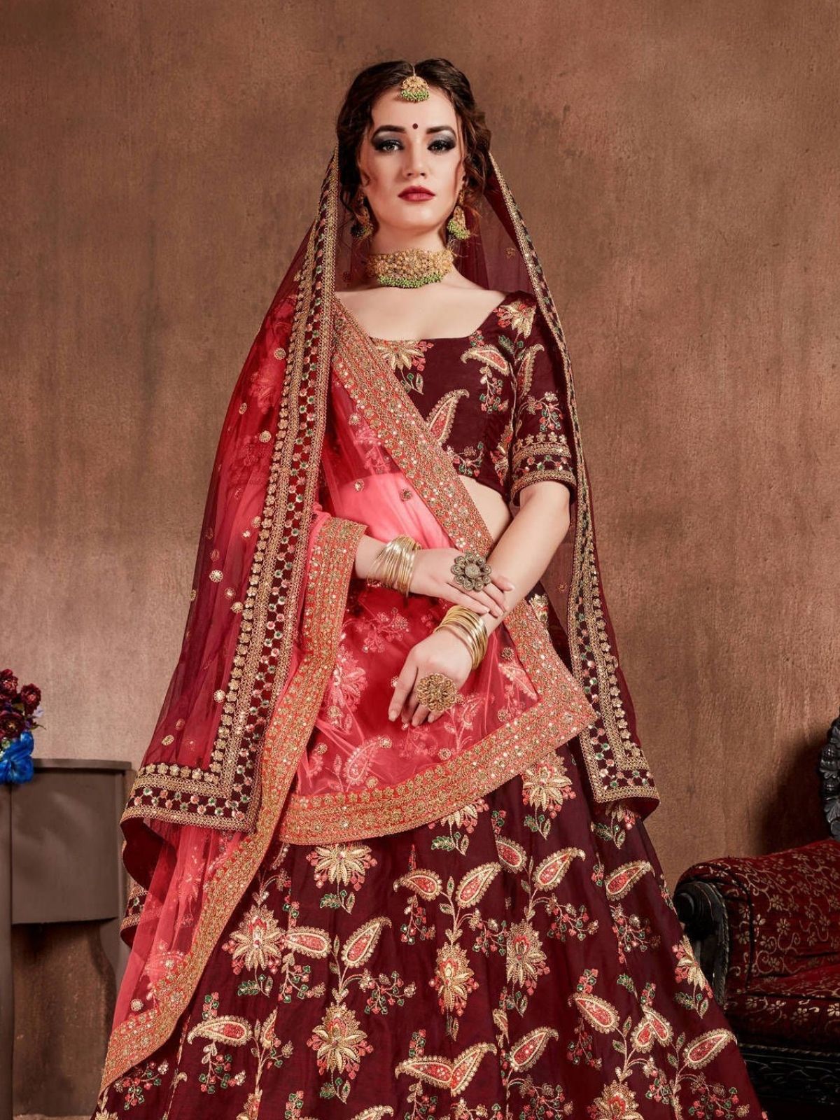 Odette Maroon Silk Blend Embroidered Semi-Stitched lehenga For Women