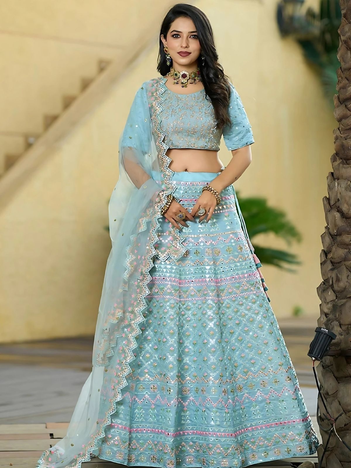 Odette Sky Blue Silk Blend Embroidered Semi-Stitched Lehenga For Women