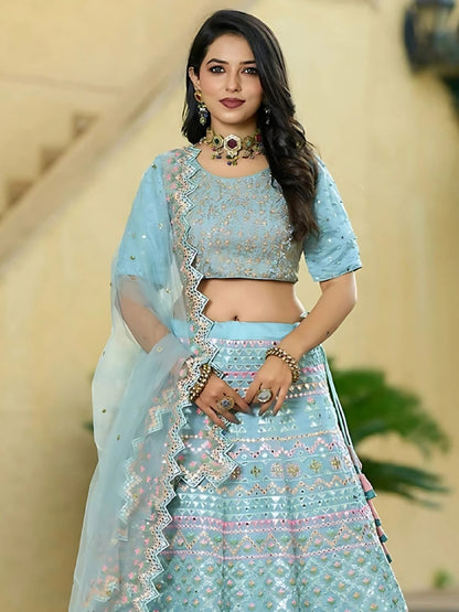 Odette Sky Blue Silk Blend Embroidered Semi-Stitched Lehenga For Women