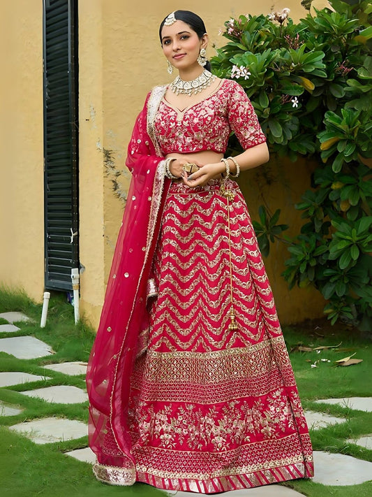 Odette Red Silk Blend Embroidered Semi-Stitched Lehenga For Women