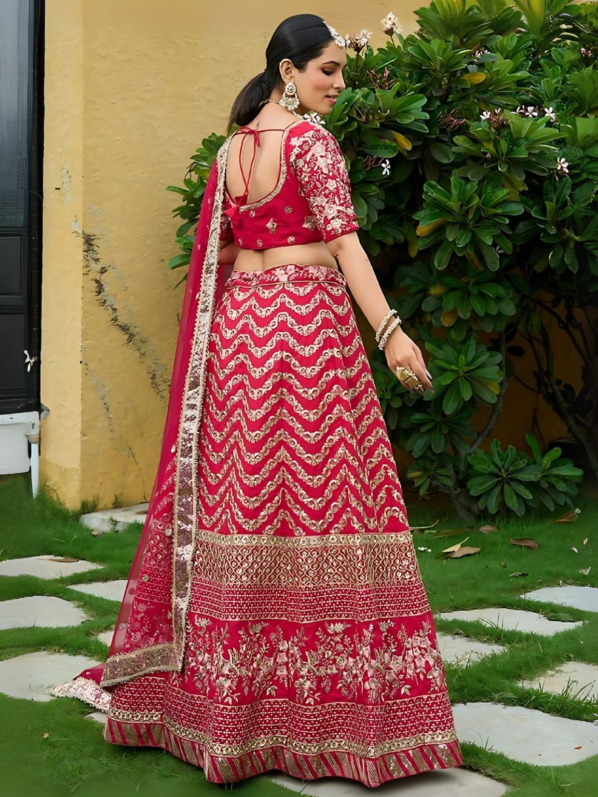Odette Red Silk Blend Embroidered Semi-Stitched Lehenga For Women