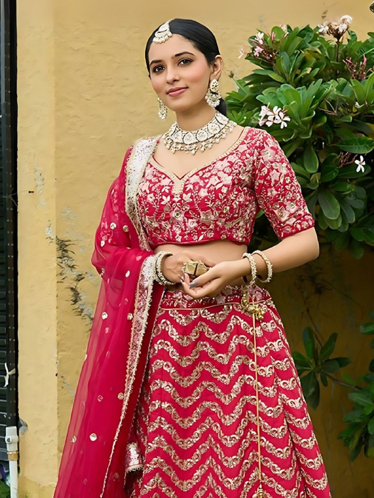 Odette Red Silk Blend Embroidered Semi-Stitched Lehenga For Women