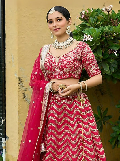 Odette Red Silk Blend Embroidered Semi-Stitched Lehenga For Women