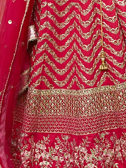 Odette Red Silk Blend Embroidered Semi-Stitched Lehenga For Women