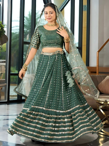 Odette Green Georgette Embellished Semi-Stitched Lehenga For Women