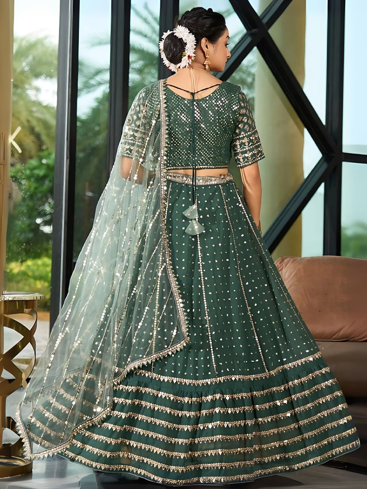 Odette Green Georgette Embellished Semi-Stitched Lehenga For Women