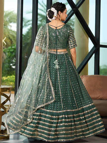Odette Green Georgette Embellished Semi-Stitched Lehenga For Women