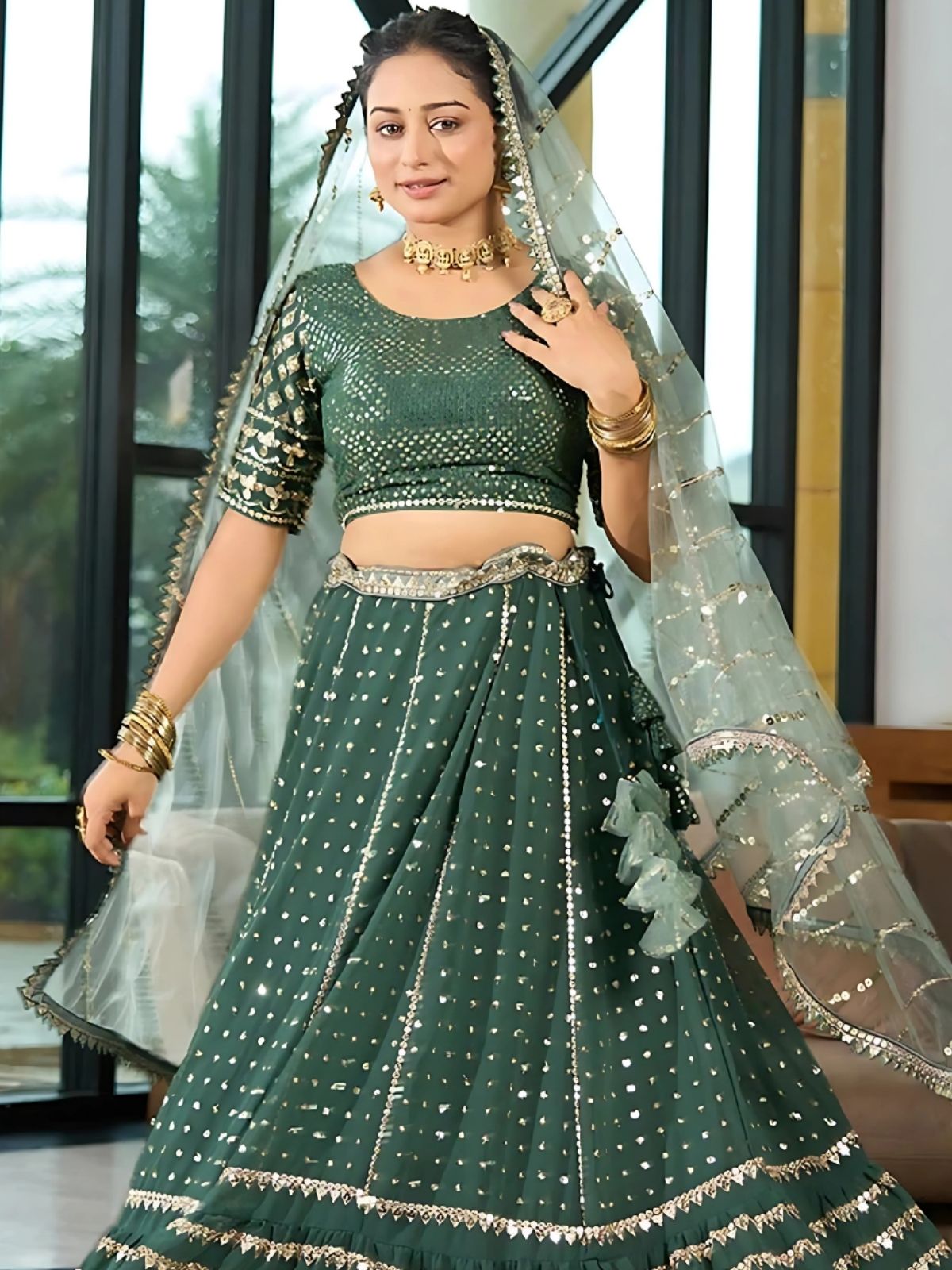 Odette Green Georgette Embellished Semi-Stitched Lehenga For Women
