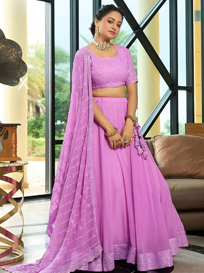 Odette Lavender Georgette Embroidered Semi-Stitched Lehenga For Women