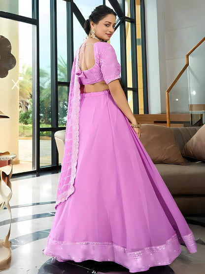 Odette Lavender Georgette Embroidered Semi-Stitched Lehenga For Women