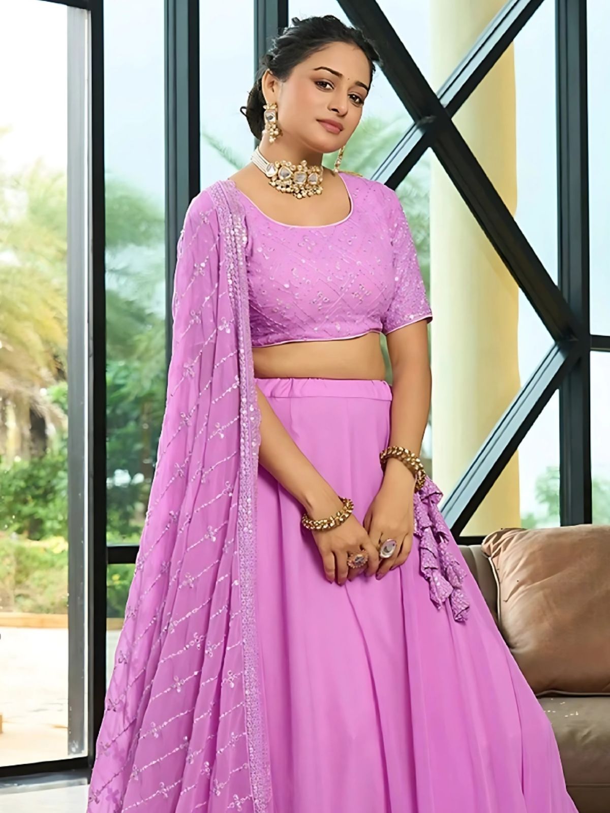 Odette Lavender Georgette Embroidered Semi-Stitched Lehenga For Women