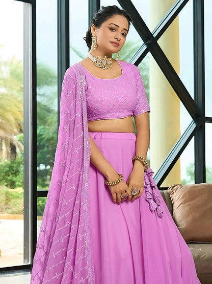 Odette Lavender Georgette Embroidered Semi-Stitched Lehenga For Women