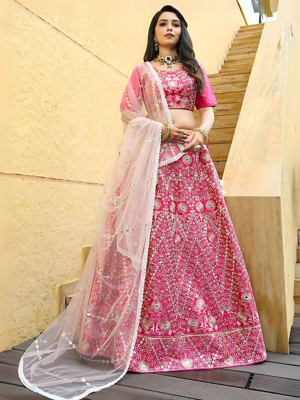 Odette Pink Silk Blend Embroidered Semi-Stitched Lehenga For Women