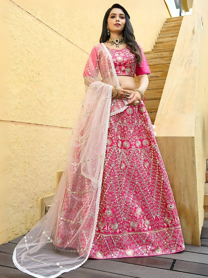 Odette Pink Silk Blend Embroidered Semi-Stitched Lehenga For Women